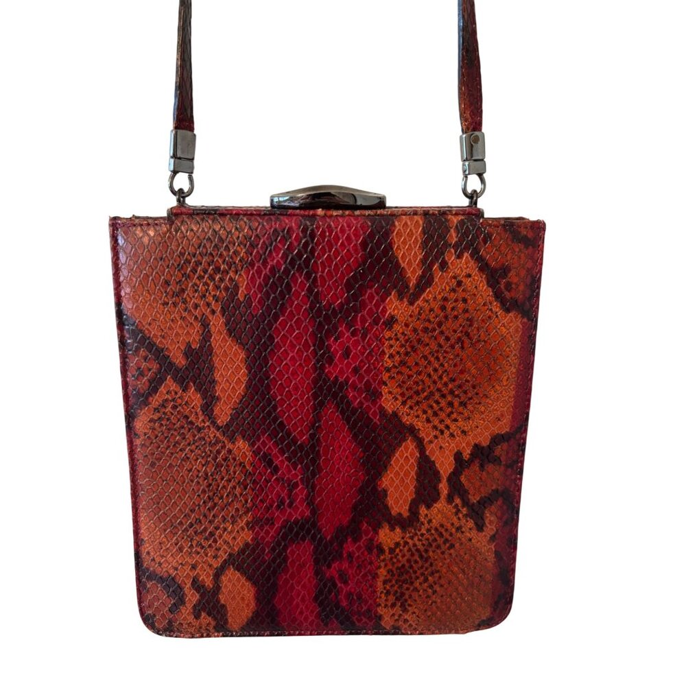 Vintage Lamarthe Italy Snake Print Leather Shoulder Bag Wine Metal Clasp Closure